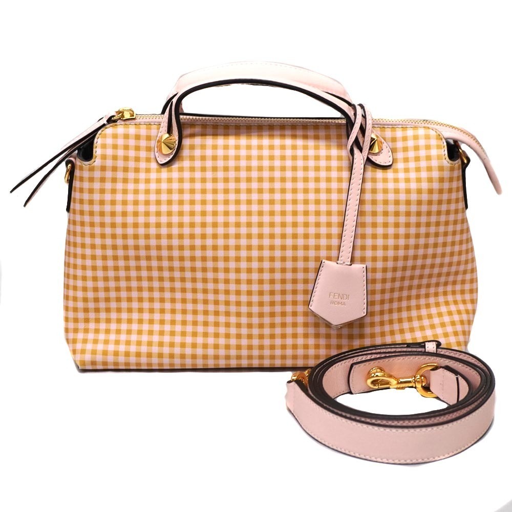 FENDI By The Way Handbag Shoulder Bag Check Pink Beige Leather